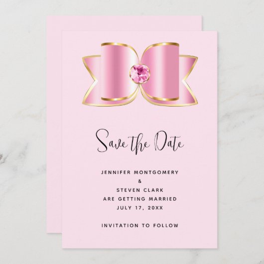 Save The Date Bow en verre rose avec Mariage en pierre angulaire (Devant / Derrière)