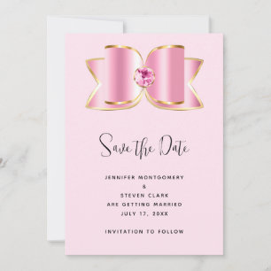 Save The Date Bow en verre rose avec Mariage en pierre angulaire