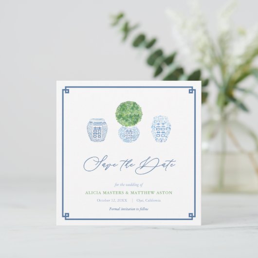 Save The Date Boxwood classique Ginger Jar Bleu et Mariage vert (Debout devant)