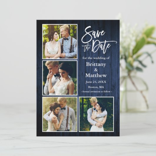 Save The Date Bracelet Script Bleu Bois Couple 4 Photo (Debout devant)