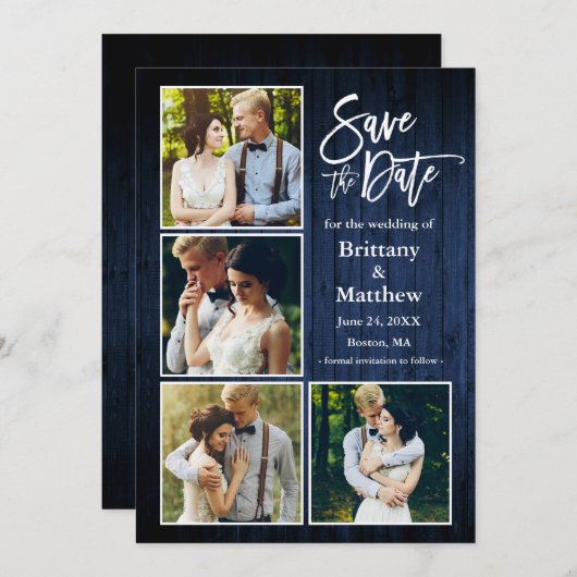 Save The Date Bracelet Script Bleu Bois Couple 4 Photo (Devant / Derrière)