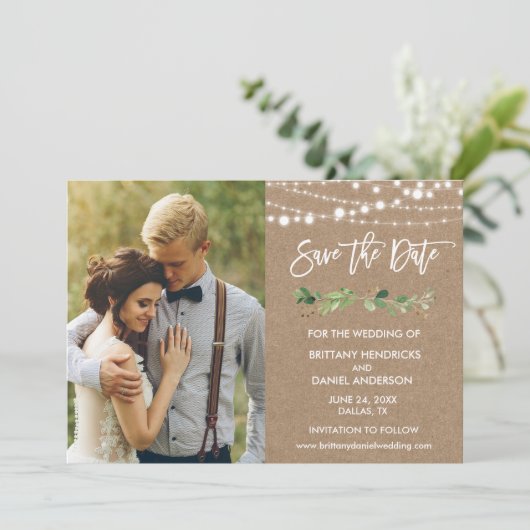 Save The Date Bracelet Script Eucalyptus Lights Kraft Photo (Debout devant)