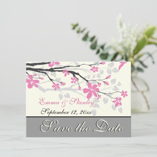 Save The Date Branche avec fleurs roses mariage Enregistrer la d (Debout devant)