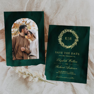 Save The Date Branche de mariage en or feuille verte émeraude Ph