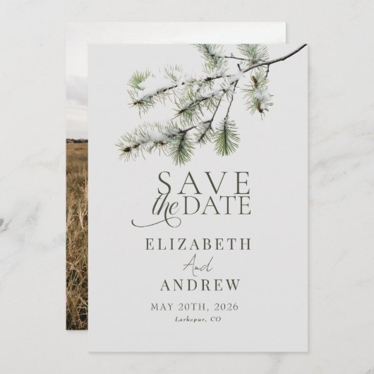 Save The Date Branche de pin | Mariage en forêt hivernale (Devant / Derrière)