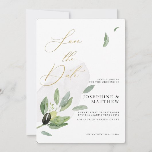 Save The Date Branche d'olive botanique Calligraphie élégante  (Devant)