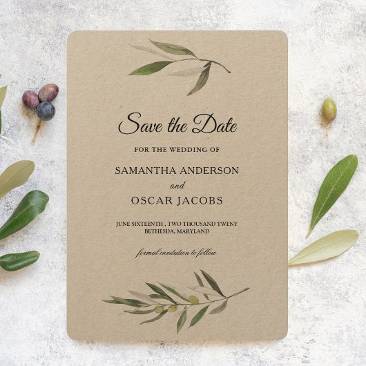 Save The Date Branche d'olive verte aquarelle Kraft