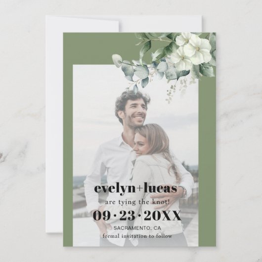 Save The Date Branche Eucalyptus et fleurs blanches photo mariag (Devant)