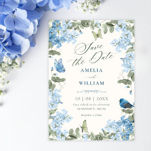 Save The Date Branche florale bleue papillons oiseau 