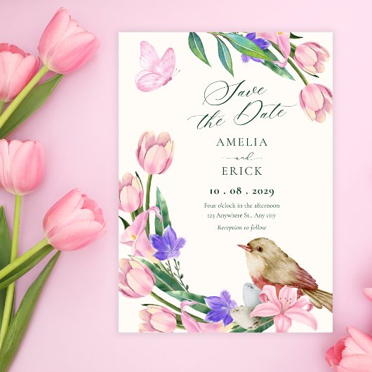Save The Date branche florale oiseau