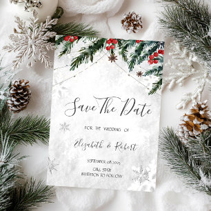 Save The Date Branches Baies Rouges Flocons de Neige Sauvegarder