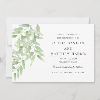 Save The Date Branches d'olive élégantes. Mariage simple botaniq