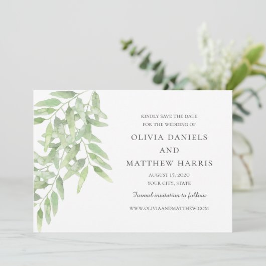 Save The Date Branches d'olive élégantes. Mariage simple botaniq (Debout devant)