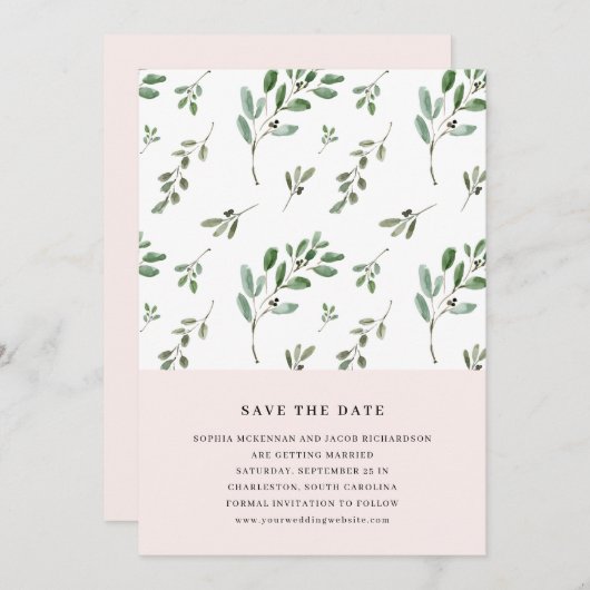 Save The Date Branches d'olive peintes | Simple mariage rose blu (Devant / Derrière)