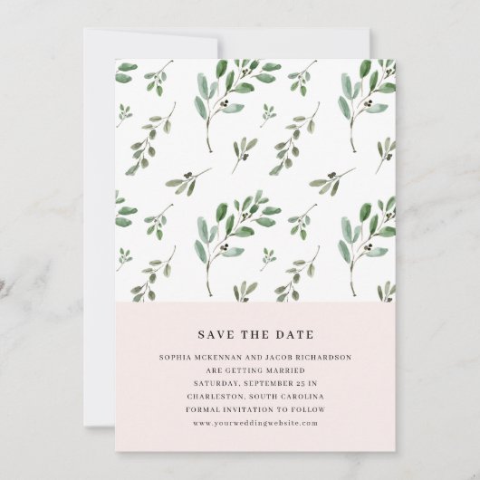 Save The Date Branches d'olivier peint | Mariage rose simple (Devant)