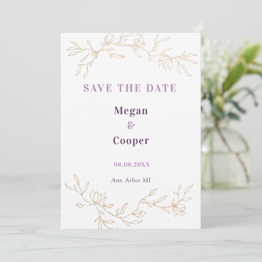 Save The Date Branches Dorées Mariage Design Lavander (Debout devant)