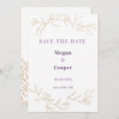 Save The Date Branches Dorées Mariage Design Lavander (Devant / Derrière)