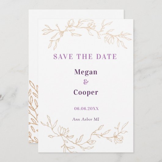 Save The Date Branches Dorées Mariage Design Lavander (Devant / Derrière)