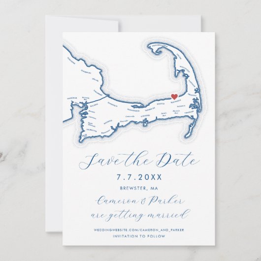 Save The Date Brewster MA Cape Cod Map Marine Blue Mariage (Devant)