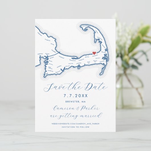 Save The Date Brewster MA Cape Cod Map Marine Blue Mariage (Debout devant)
