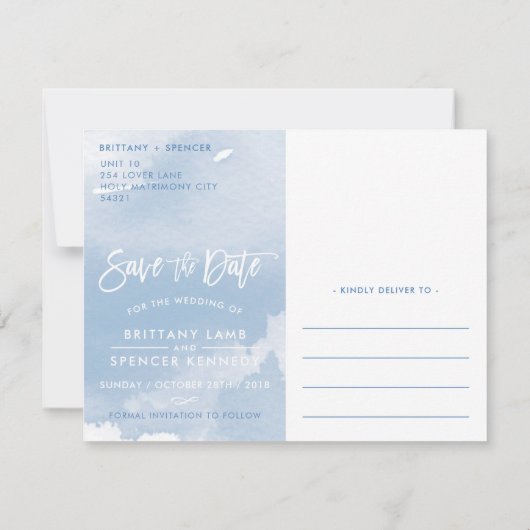 SAVE THE DATE BRIEFKAART modern bleek blauw waterv (Achterkant)