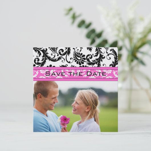 Save The Date Bright rose Damask Fils mariage Enregistrer la dat (Debout devant)