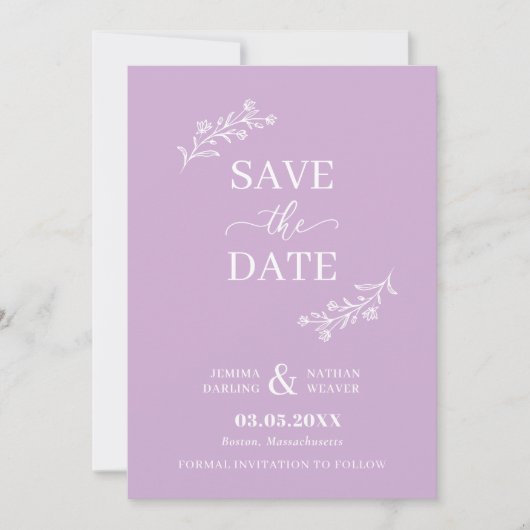 Save The Date Brindilles florales violettes blanches à main (Devant)