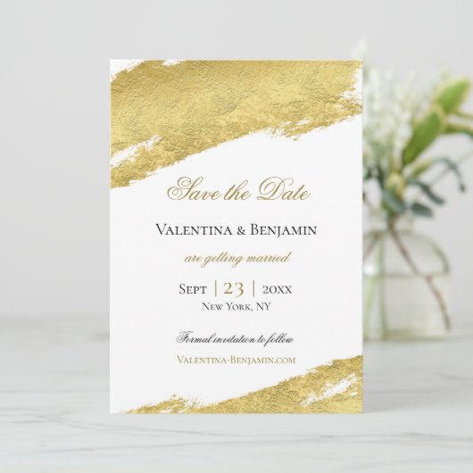 Save The Date Brosse en feuille d'or trait élégant mariage moder (Debout devant)