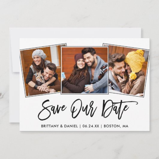 Save The Date Brosse moderne Script 3 Photo Enregistrer notre ca (Devant)