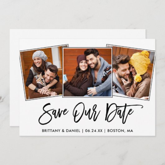 Save The Date Brosse moderne Script 3 Photo Enregistrer notre ca (Devant / Derrière)