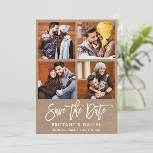 Save The Date Brosse moderne Script 4 Photo Couple Kraft (Debout devant)