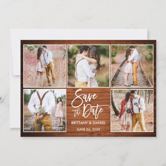 Save The Date Brosse moderne Script 5 Photo Bois rustique (Devant)