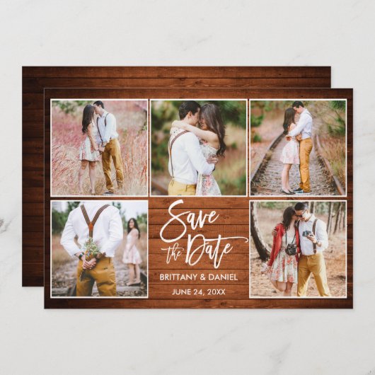 Save The Date Brosse moderne Script 5 Photo Bois rustique (Devant / Derrière)
