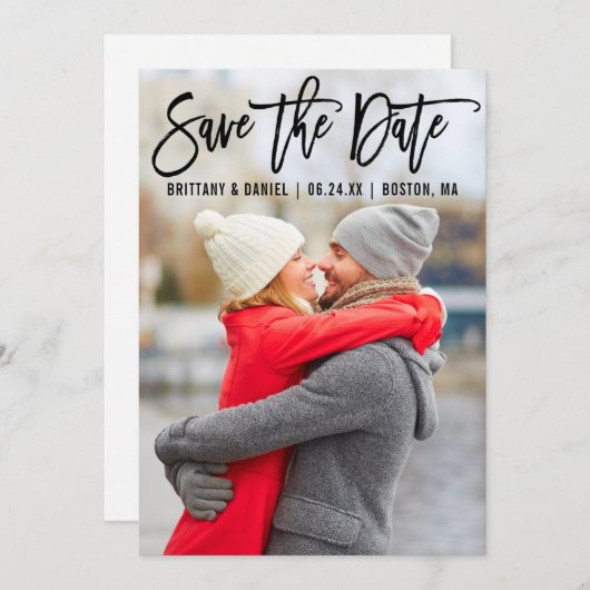 Save The Date Brosse moderne Script Couple Photo B Enregistrer L (Devant / Derrière)