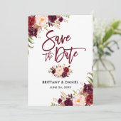 Save The Date Brosse moderne Script Floral Bourgogne (Debout devant)