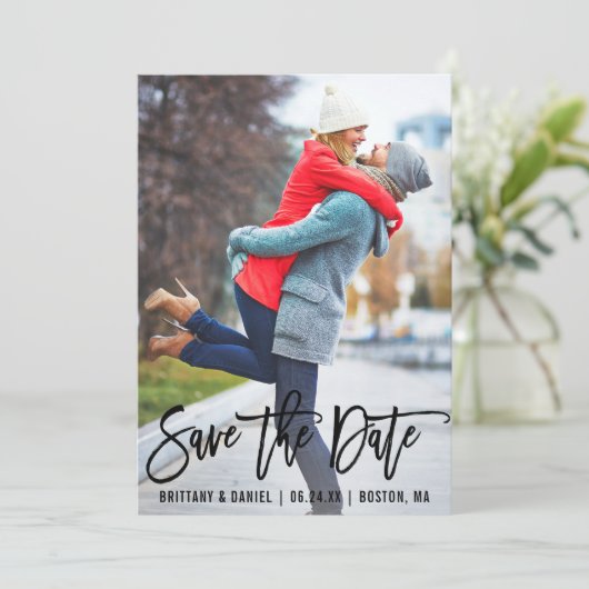 Save The Date Brosse Moderne Script Photo Enregistrer La Date Ca (Debout devant)