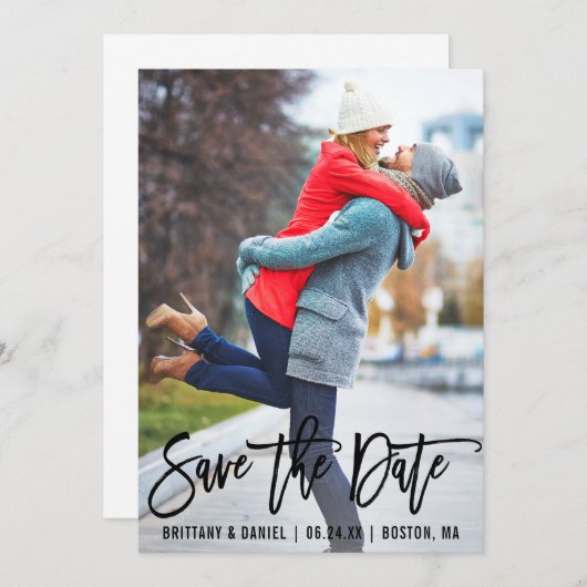 Save The Date Brosse Moderne Script Photo Enregistrer La Date Ca (Devant / Derrière)