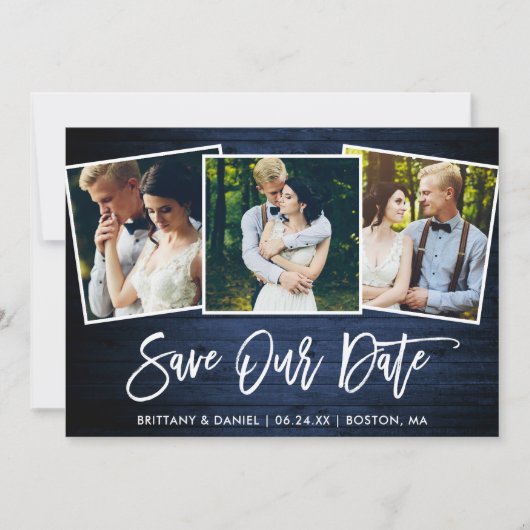 Save The Date Brosse Script Blue Wood 3 Photo Enregistrer notre (Devant)