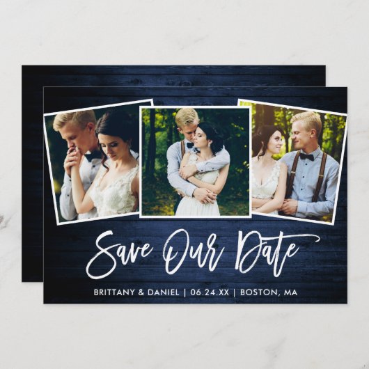Save The Date Brosse Script Blue Wood 3 Photo Enregistrer notre (Devant / Derrière)