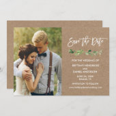 Save The Date Brosse Script Eucalyptus Kraft Photo (Devant / Derrière)