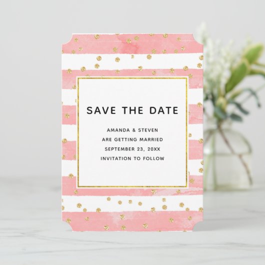 Save The Date Brousse rose avec Mariage Confetti Or (Debout devant)
