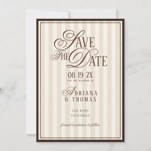 Save The Date Brown Ivory Striped Old Money Calligraphy Wedding (Devant)