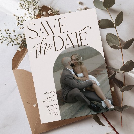 Save The Date Brown moderne simple Arc Photo Mariage élégant