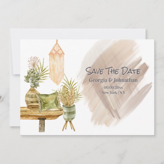 Save The Date Brown or vert boho macrame pays pot plantes (Devant)
