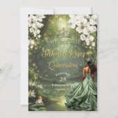Save The Date Brown Princess and Frog Sage Green Quinceanera 16 (Devant)