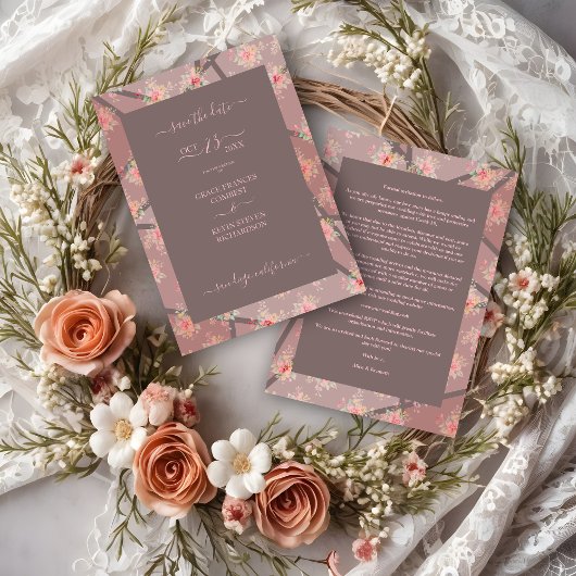 Save The Date Brown Romantic Floral Stained Glass Effect