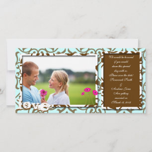 Save The Date Brown Swirl Damask & Gerbers on Blue Enregistrer l