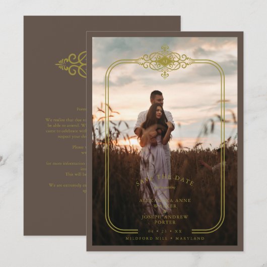 Save The Date Brown Trendy Lace Flourish Initials Wedding Photo (Devant / Derrière)