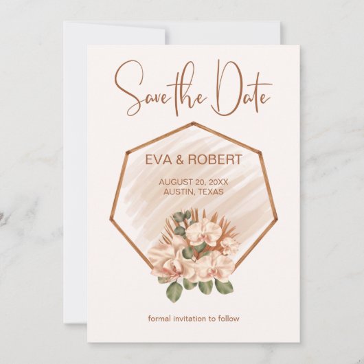 Save The Date Brown vert orchidée Boho Eucalyptus Mariage (Devant)