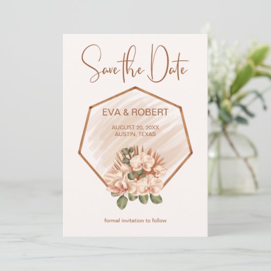 Save The Date Brown vert orchidée Boho Eucalyptus Mariage (Debout devant)